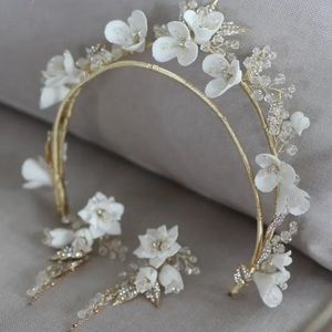 Porcelain Flower Wedding Crown Hair Bridal Jewelry Hair Handmade Tiara